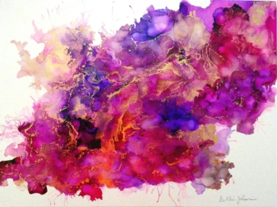 I used many different colors in this painting. Many pinks, reds and purples. For me, it is showing a spectrum of the colors. Some of which are over the gold and they just glow! Seeing it in person you will understand. :) Spectrum 9" x 12" alcohol ink with resin